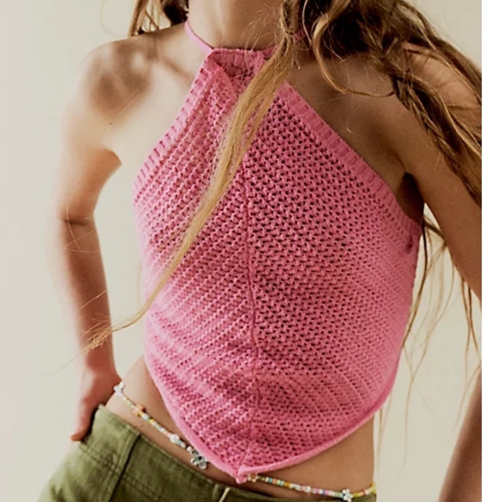 Free People FP Beach June Faux Sweater Halter Top Pink Crochet